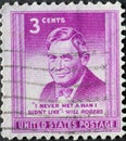 a postage stamp printed in the US showing a portrait of Ã¢â¬ÅOklahomaÃ¢â¬â¢s Favorite Son,Ã¢â¬Â cowboy comedian Will Rogers.